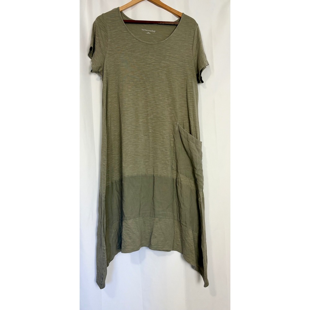 Soft Surroundings Loria Lagenlook Dress Olive Green Knit Handkerchief Hem Flowy